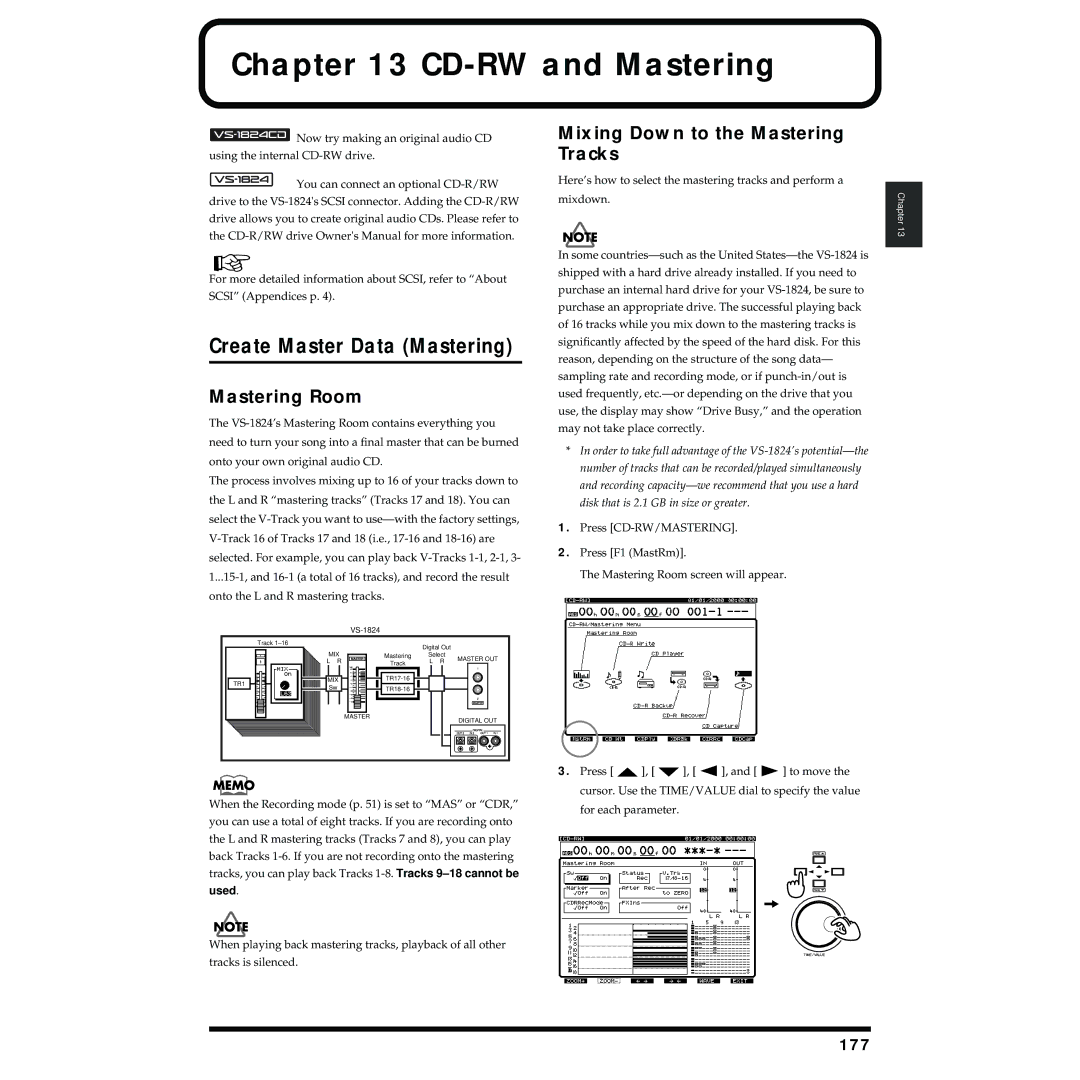 Roland VS-1824 CD-RW and Mastering, Create Master Data Mastering, Mastering Room, Mixing Down to the Mastering Tracks, 177 