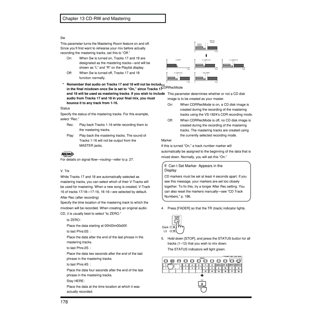 Roland VS-1824 owner manual CD-RW and Mastering, 178, If Can’t Set Marker Appears in the Display 