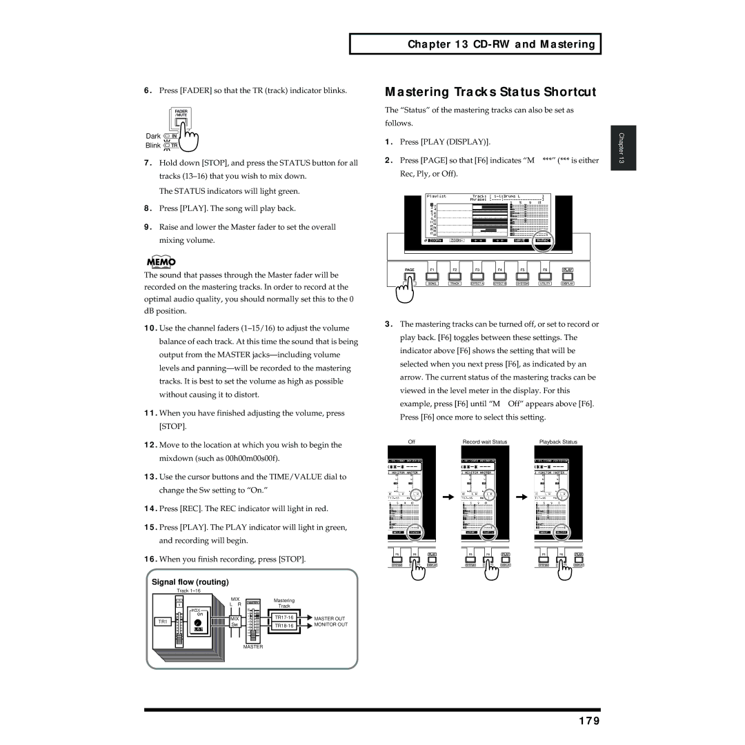 Roland VS-1824 owner manual Mastering Tracks Status Shortcut, 179, Signal flow routing 