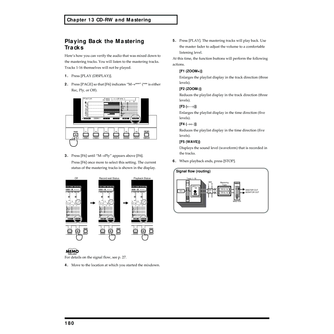 Roland VS-1824 owner manual Playing Back the Mastering Tracks, 180 