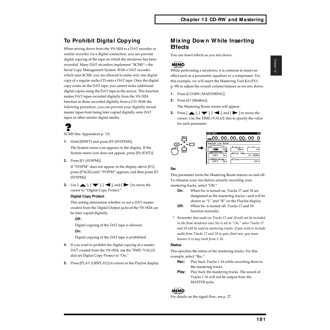 Roland VS-1824 owner manual To Prohibit Digital Copying, Mixing Down While Inserting Effects, 181, Digital Copy Protect 