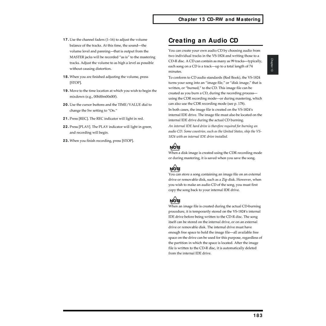 Roland VS-1824 owner manual Creating an Audio CD, 183 