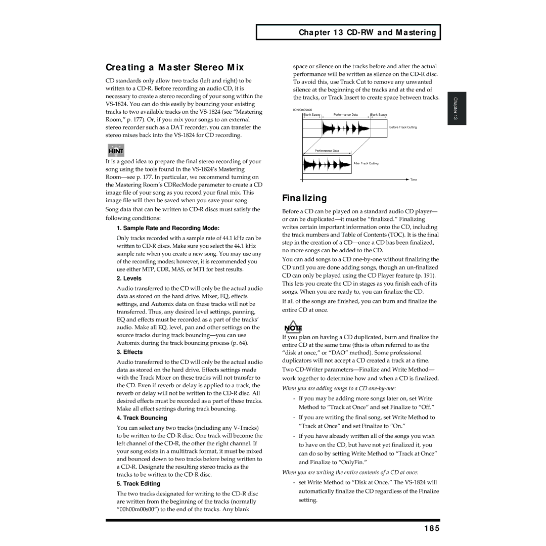 Roland VS-1824 owner manual Creating a Master Stereo Mix, Finalizing, 185 