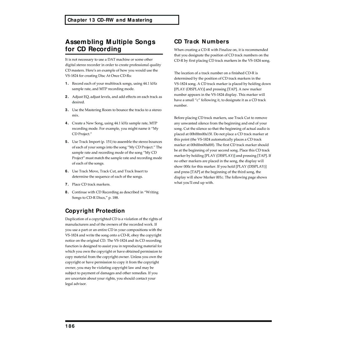 Roland VS-1824 owner manual Assembling Multiple Songs for CD Recording, Copyright Protection, CD Track Numbers, 186 