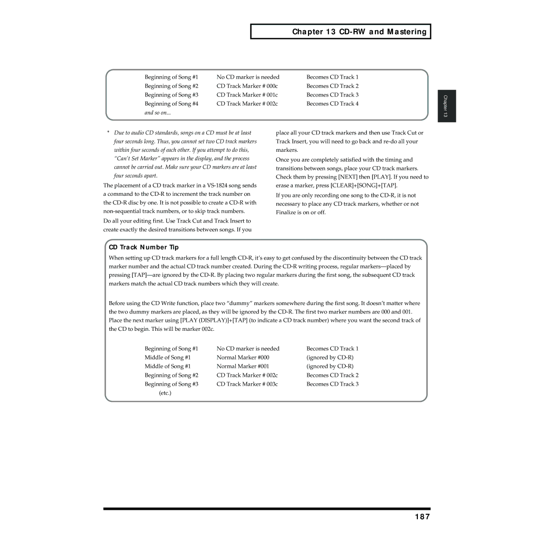 Roland VS-1824 owner manual 187, CD Track Number Tip 