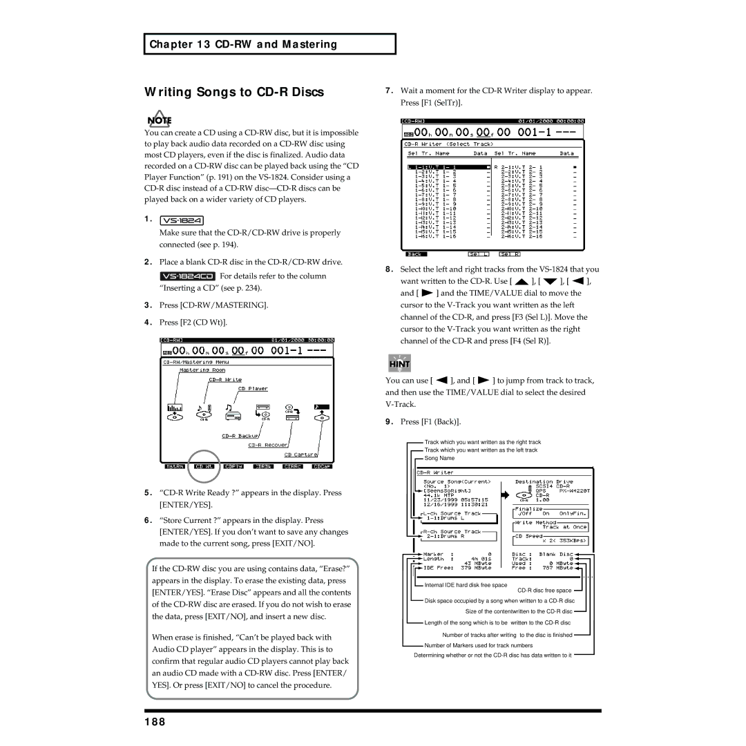 Roland VS-1824 owner manual Writing Songs to CD-R Discs, 188 