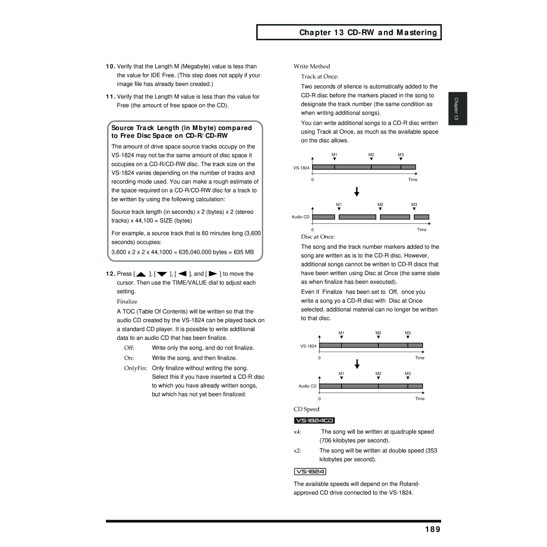 Roland VS-1824 owner manual 189, Finalize, Write Method Track at Once, Disc at Once, CD Speed 