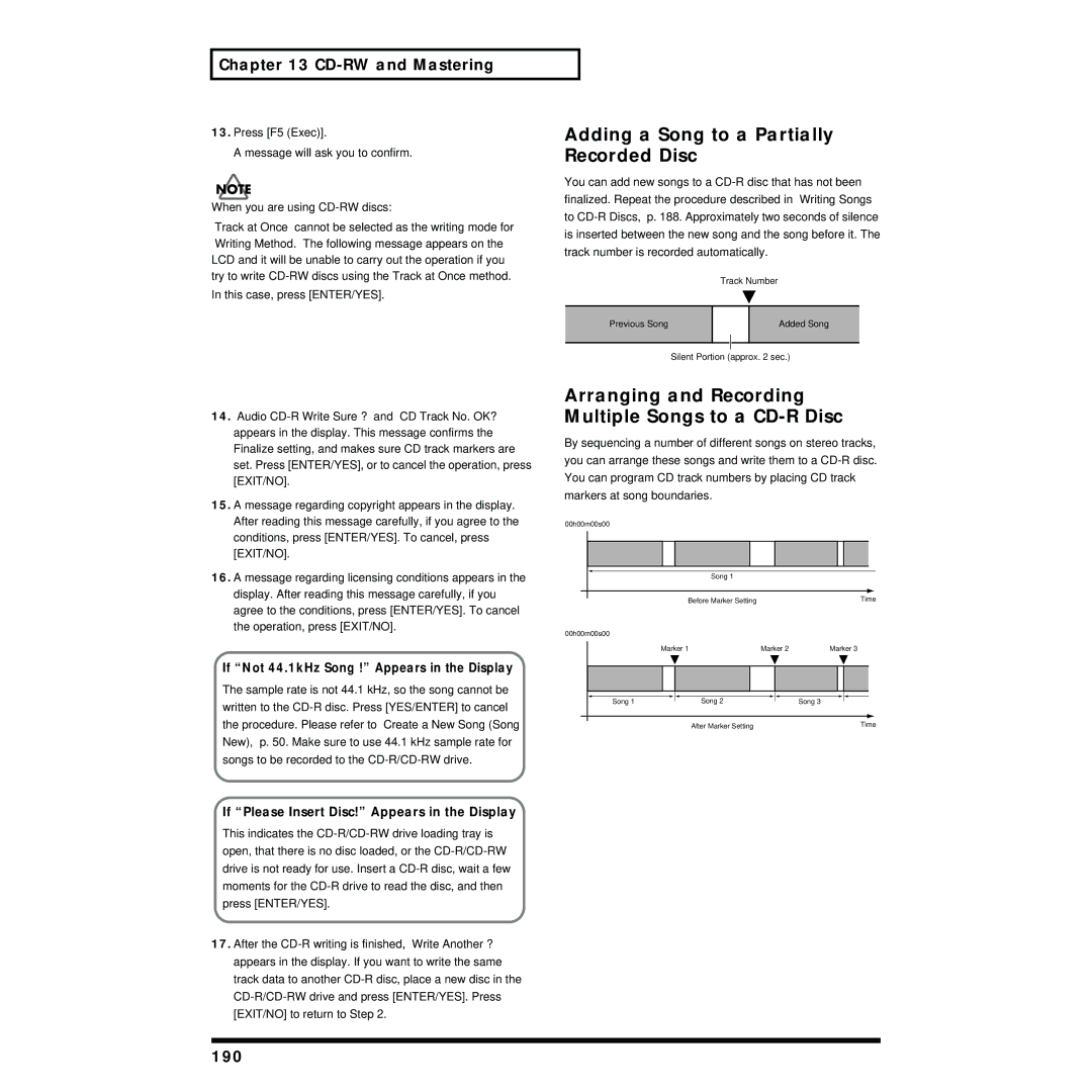 Roland VS-1824 Adding a Song to a Partially Recorded Disc, Arranging and Recording Multiple Songs to a CD-R Disc, 190 