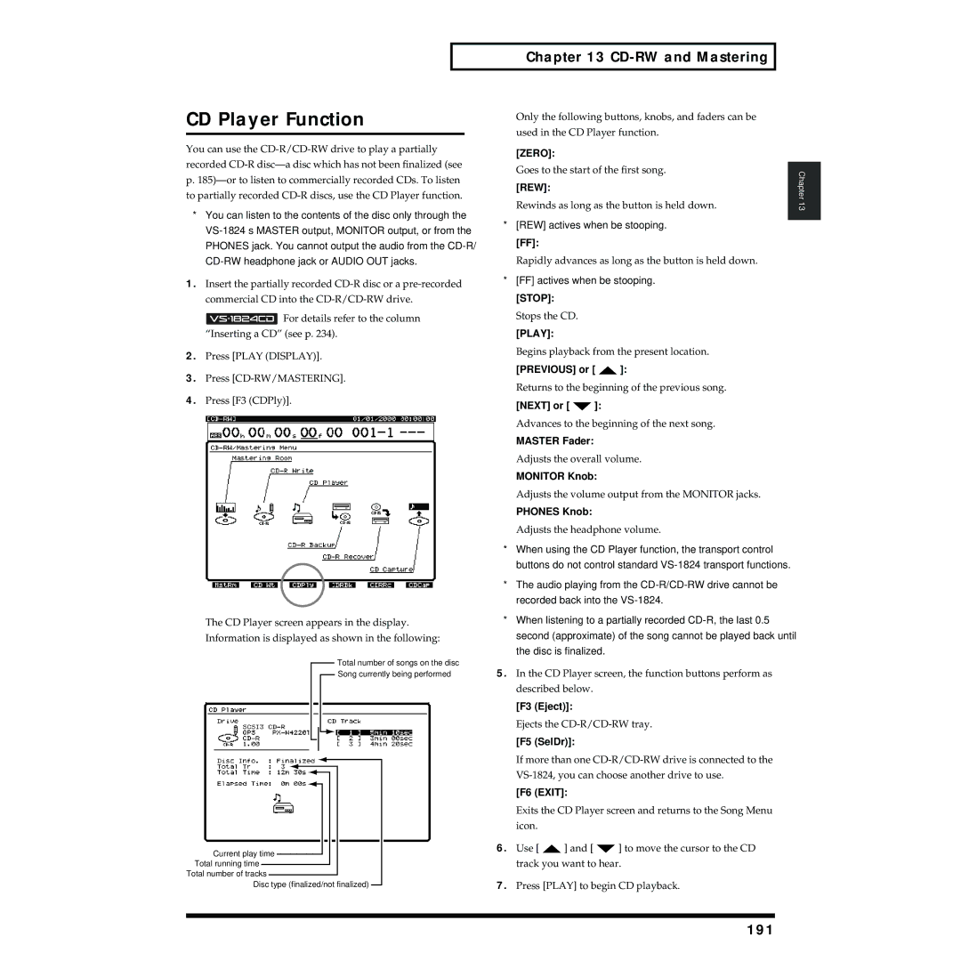 Roland VS-1824 owner manual CD Player Function, 191, Zero, Stop 