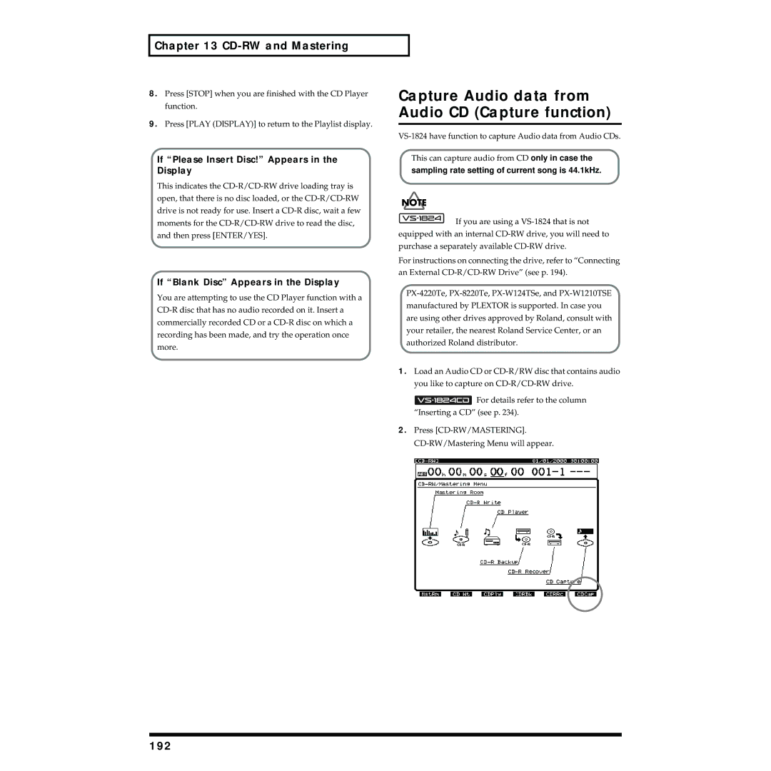 Roland VS-1824 owner manual Capture Audio data from Audio CD Capture function, 192, If Blank Disc Appears in the Display 