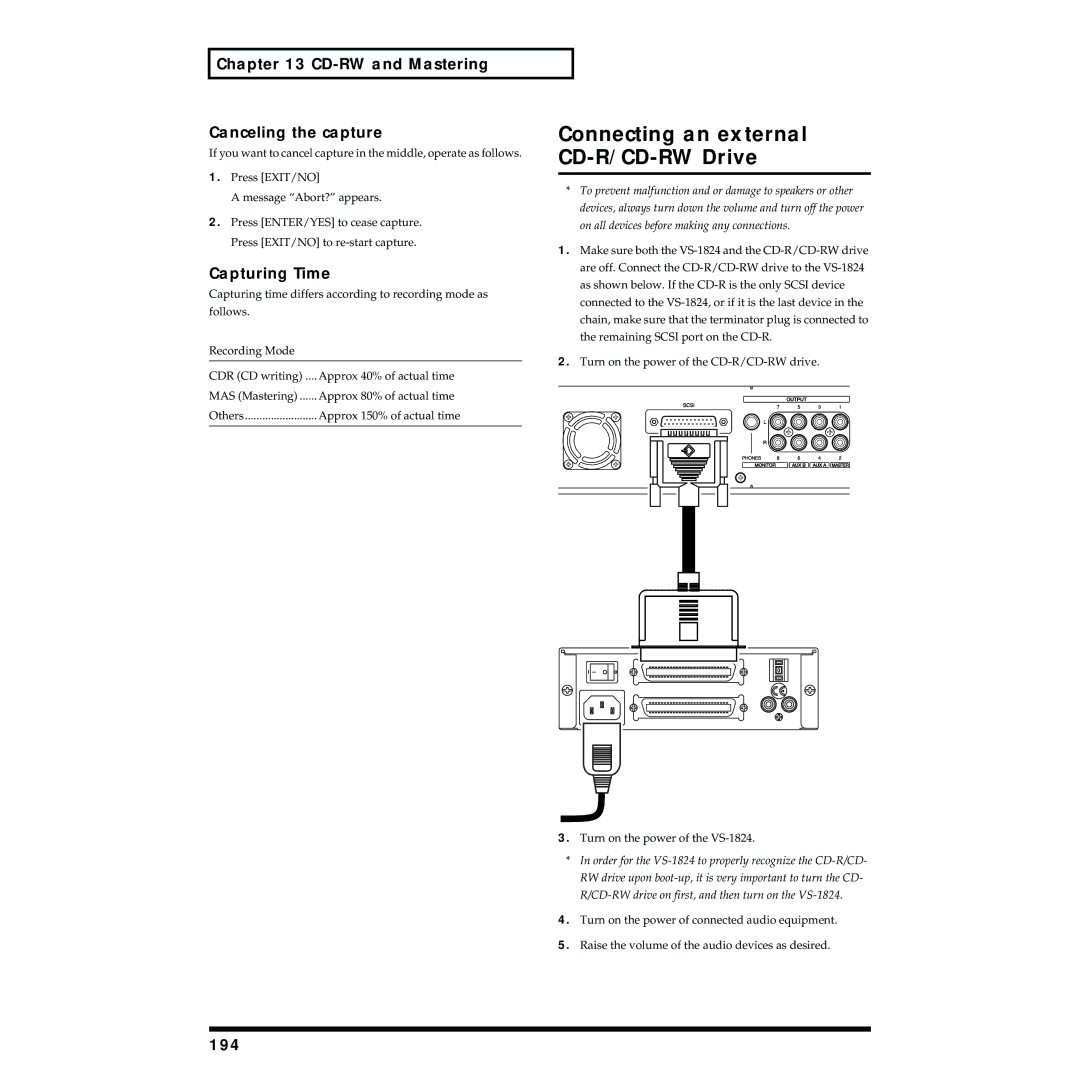 Roland VS-1824 Connecting an external CD-R/CD-RW Drive, CD-RW and Mastering Canceling the capture, Capturing Time, 194 