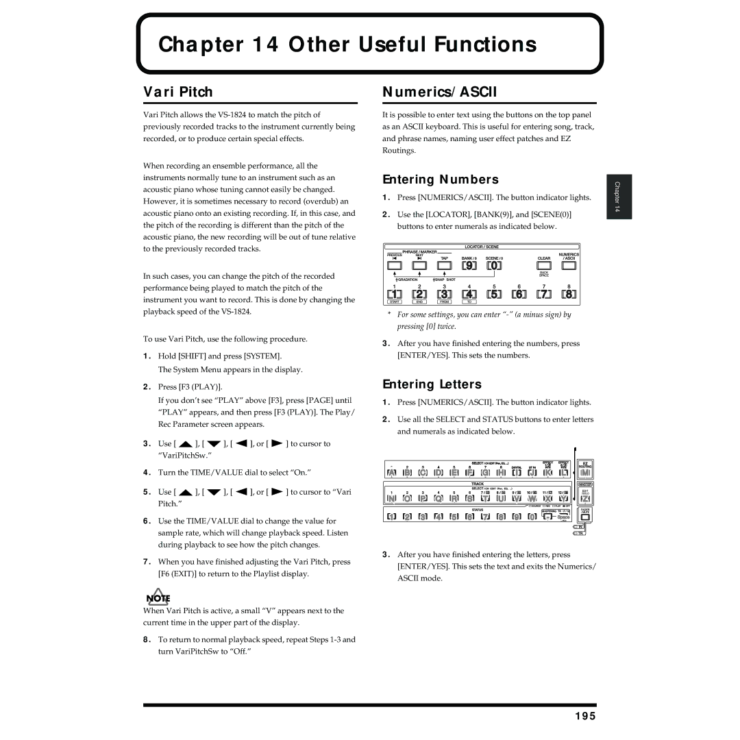 Roland VS-1824 owner manual Other Useful Functions, Vari Pitch, Numerics/ASCII, Entering Numbers, Entering Letters 