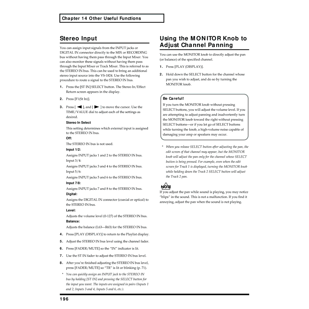 Roland VS-1824 Stereo Input, Using the Monitor Knob to Adjust Channel Panning, Other Useful Functions, 196, Be Careful 