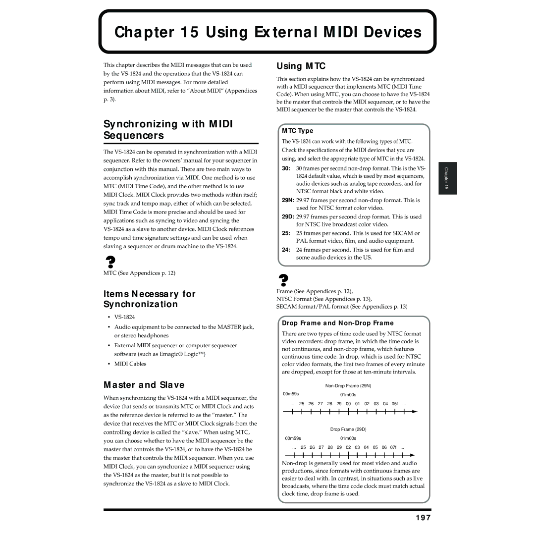 Roland VS-1824 owner manual Using External Midi Devices, Synchronizing with Midi Sequencers, Using MTC, Master and Slave 