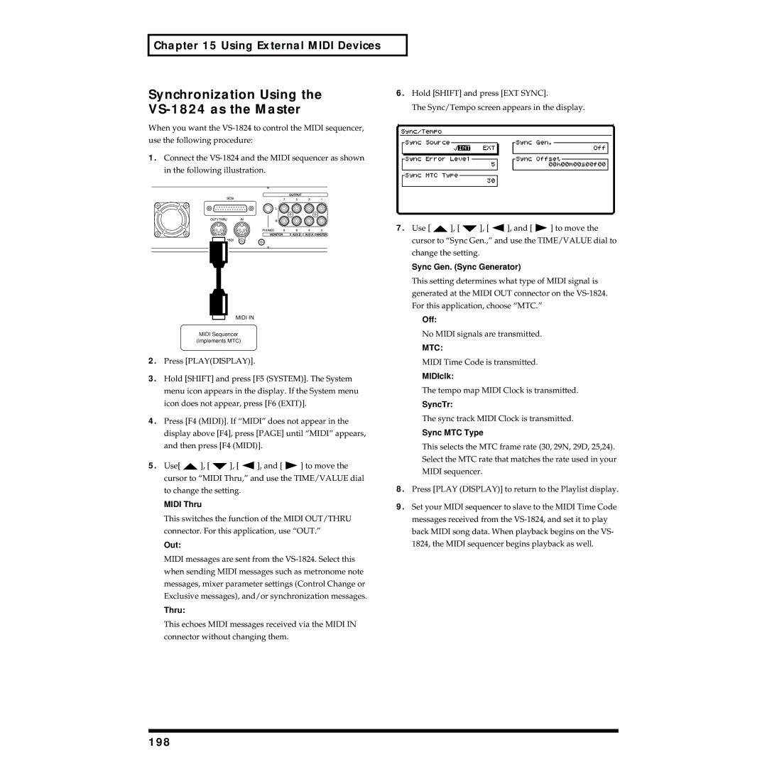 Roland owner manual Synchronization Using, VS-1824 as the Master, Using External Midi Devices, 198, Mtc 