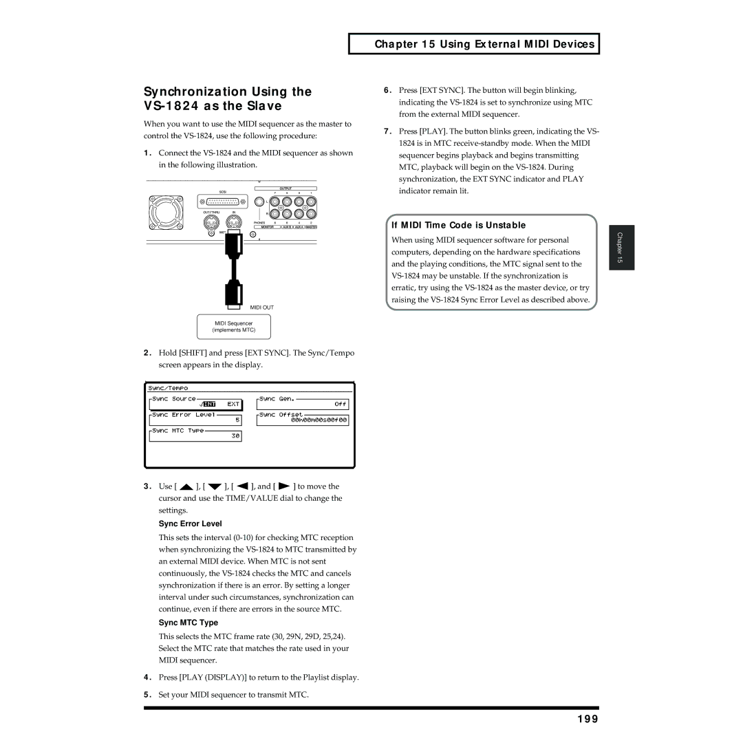 Roland owner manual Synchronization Using the VS-1824 as the Slave, 199, If Midi Time Code is Unstable, Sync Error Level 