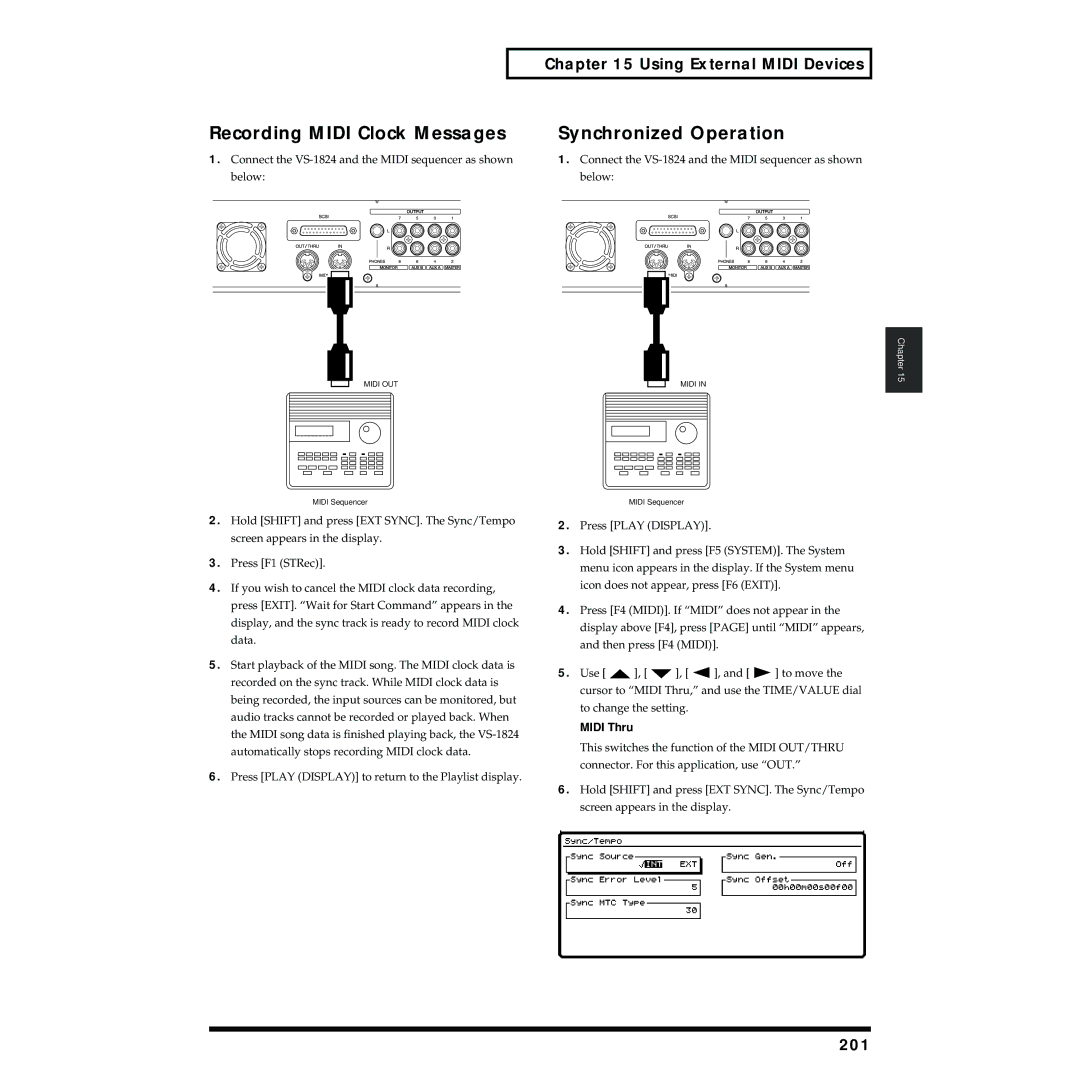 Roland VS-1824 owner manual Recording Midi Clock Messages, Synchronized Operation, 201 