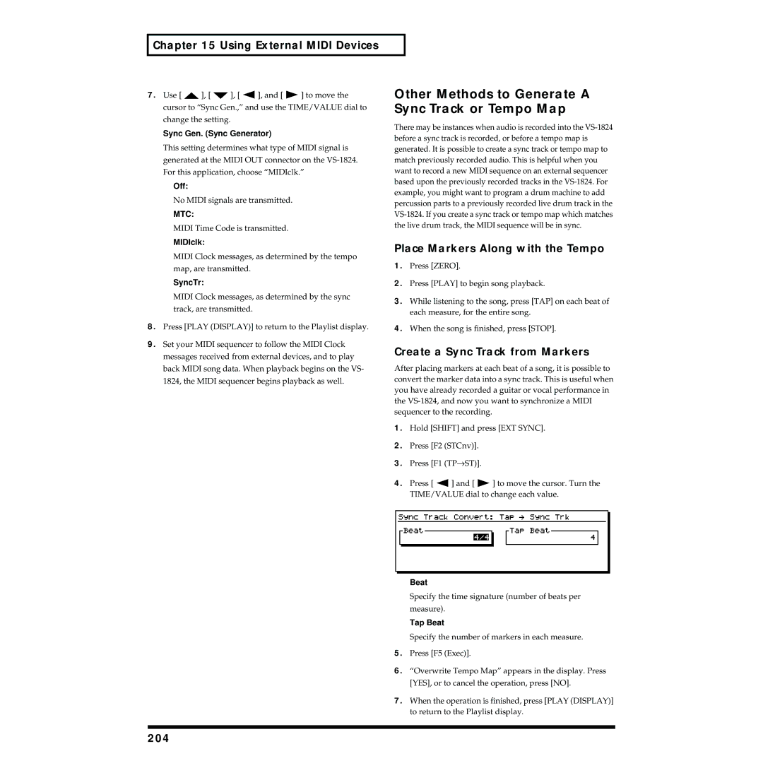 Roland VS-1824 owner manual Other Methods to Generate a, Sync Track or Tempo Map, Place Markers Along with the Tempo, 204 