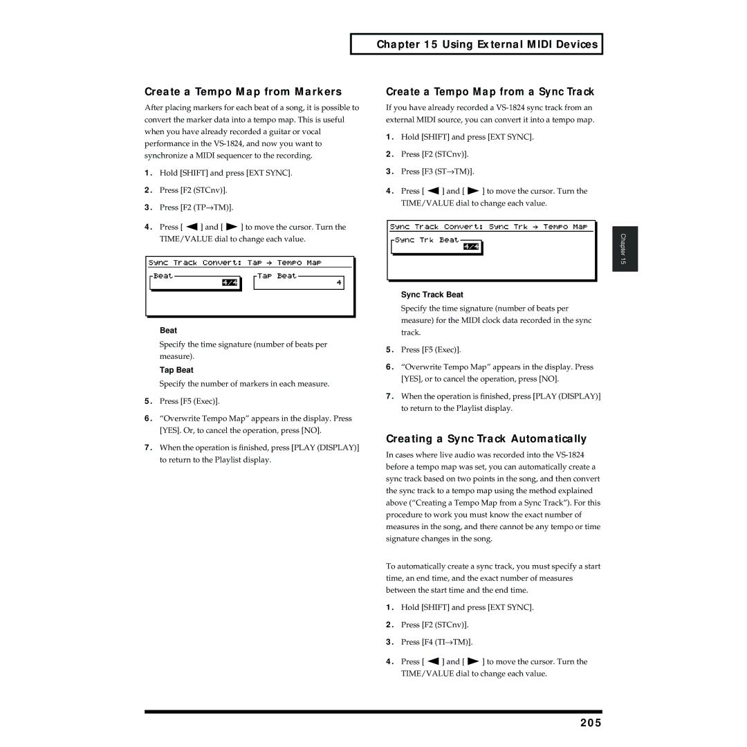 Roland VS-1824 owner manual Creating a Sync Track Automatically, 205, Sync Track Beat 