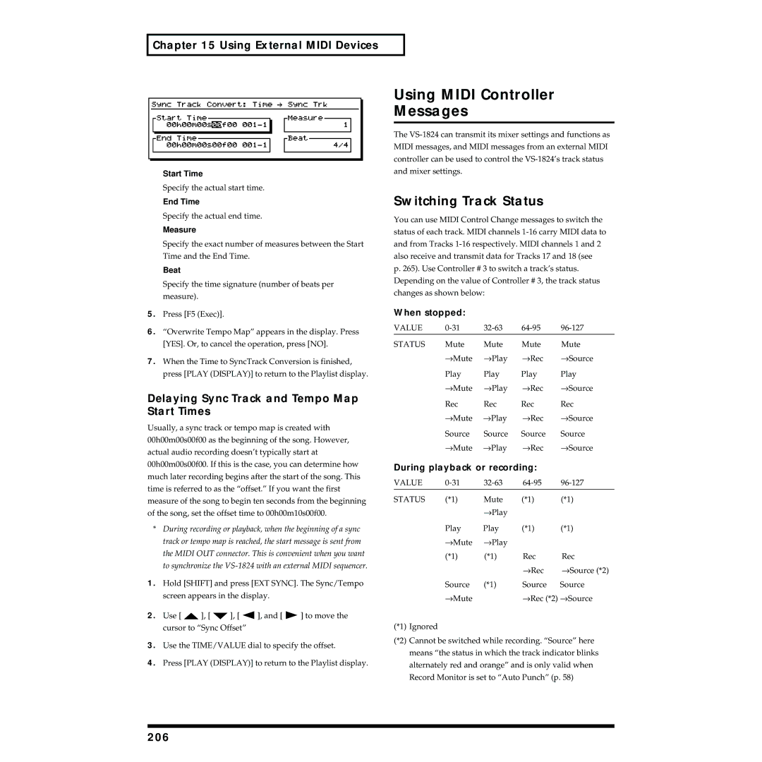 Roland VS-1824 Using Midi Controller Messages, Switching Track Status, Delaying Sync Track and Tempo Map Start Times, 206 