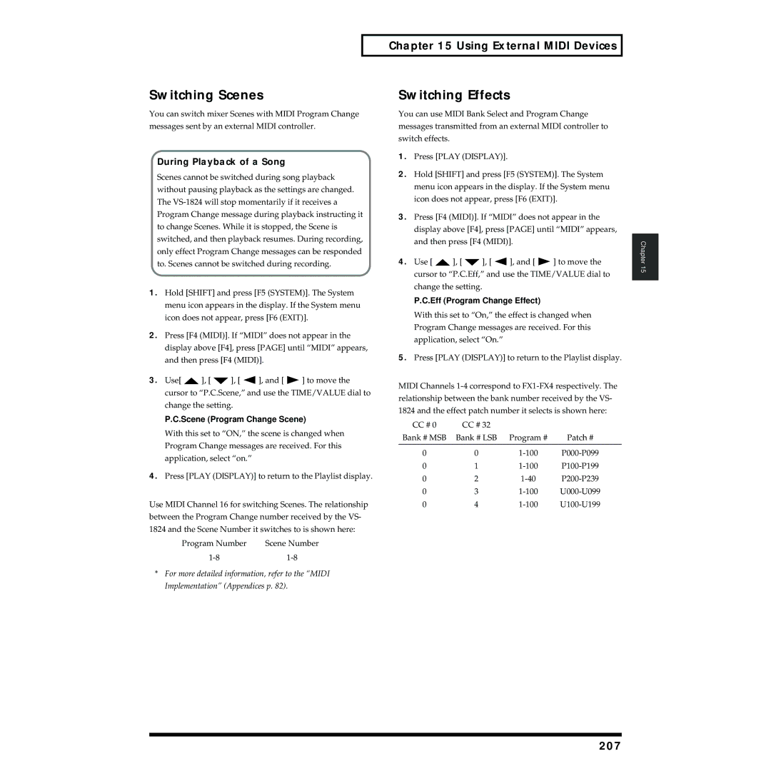 Roland VS-1824 owner manual Switching Scenes, Switching Effects, 207, During Playback of a Song 