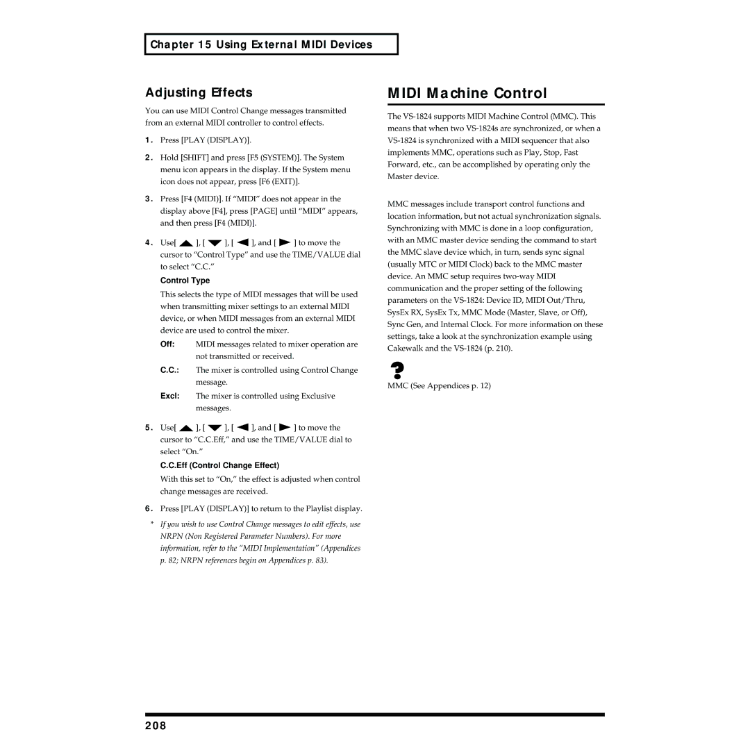 Roland VS-1824 owner manual Midi Machine Control, Adjusting Effects, 208, Control Type, Eff Control Change Effect 