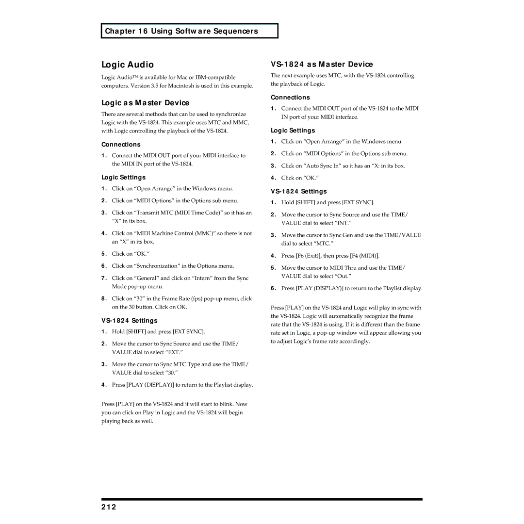 Roland VS-1824 owner manual Logic Audio, Logic as Master Device, 212, Logic Settings 