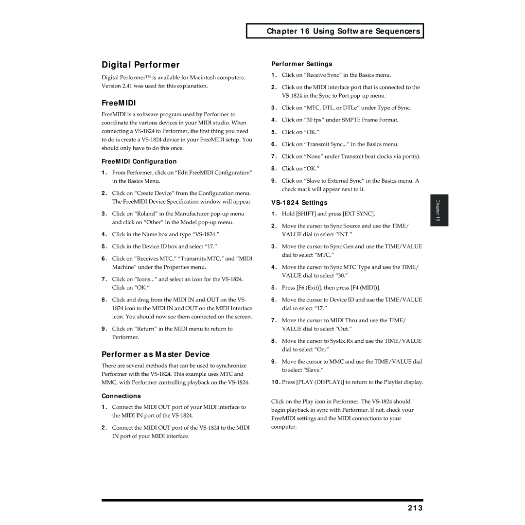 Roland VS-1824 owner manual Digital Performer, FreeMIDI, Performer as Master Device, 213 