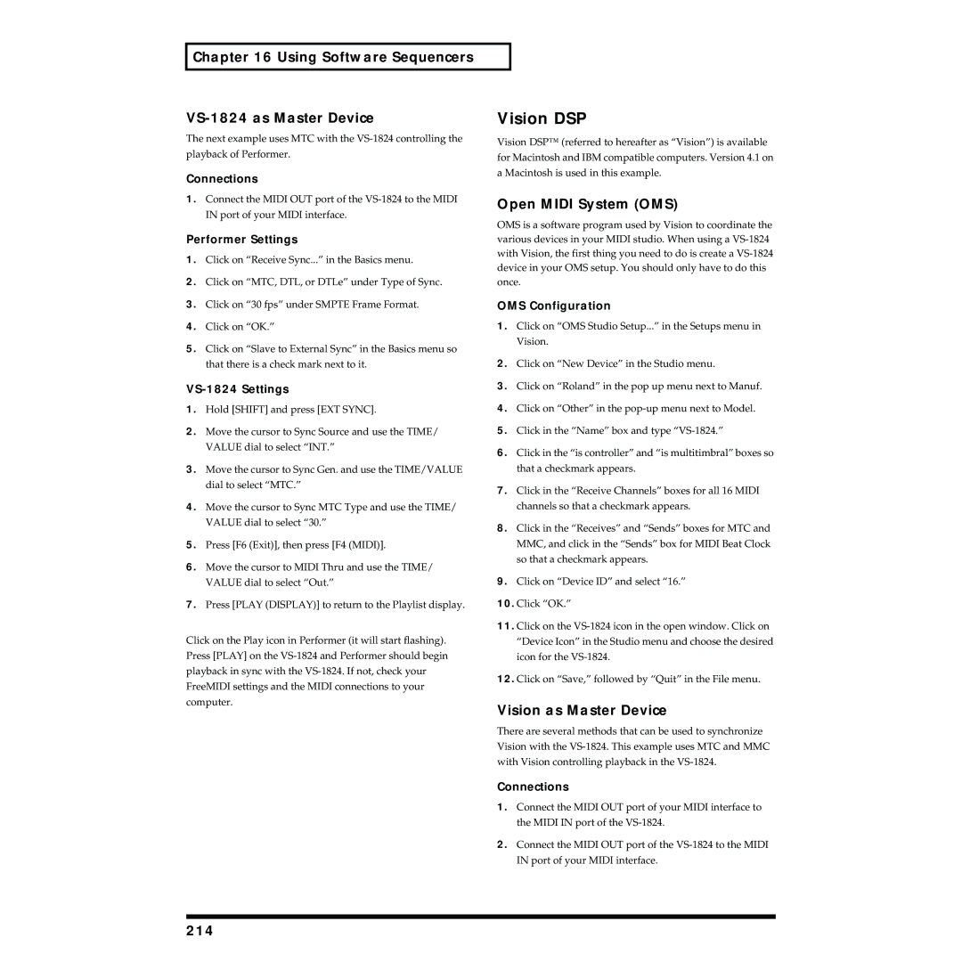 Roland VS-1824 owner manual Vision DSP, Open Midi System OMS, Vision as Master Device, 214, OMS Configuration 