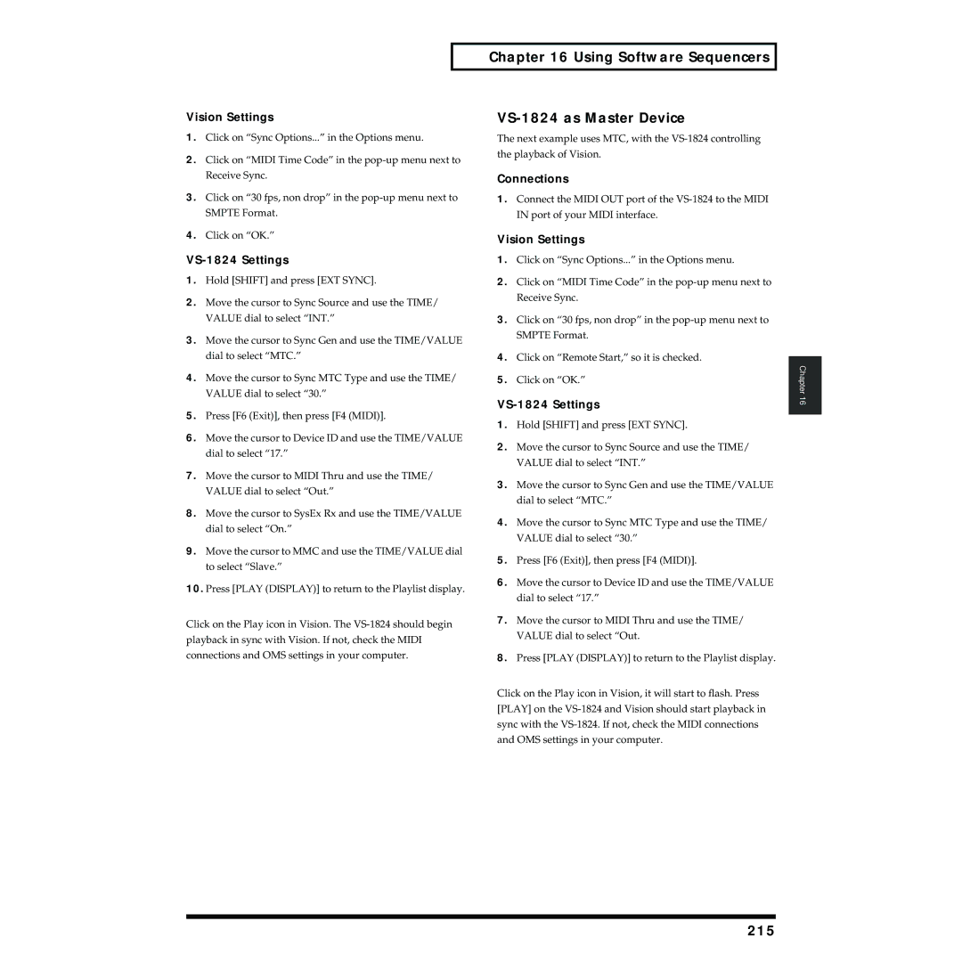 Roland VS-1824 owner manual 215, Vision Settings 