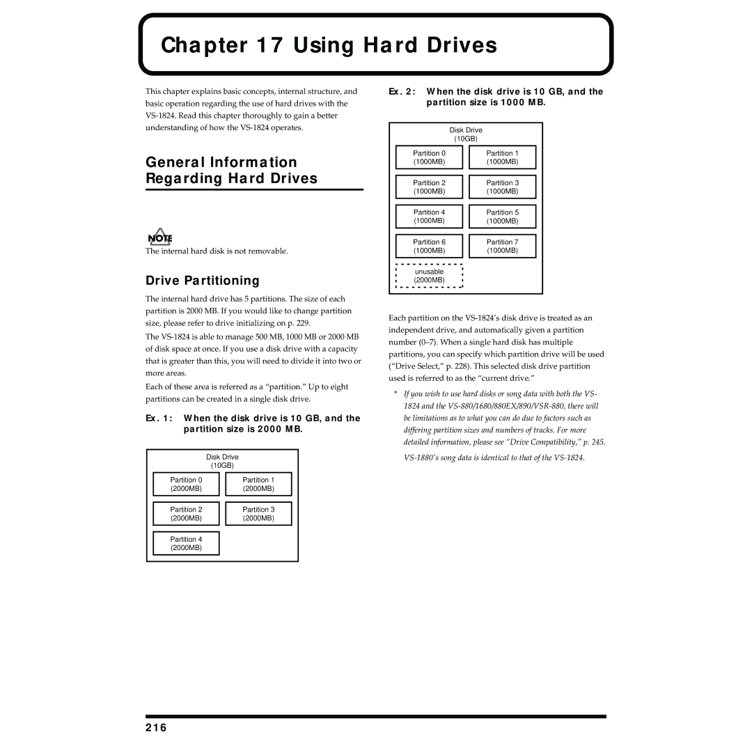 Roland VS-1824 owner manual Using Hard Drives, General Information Regarding Hard Drives, Drive Partitioning, 216 