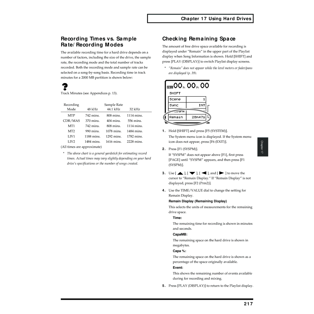 Roland VS-1824 Recording Times vs. Sample Rate/Recording Modes, Checking Remaining Space, Using Hard Drives, 217 