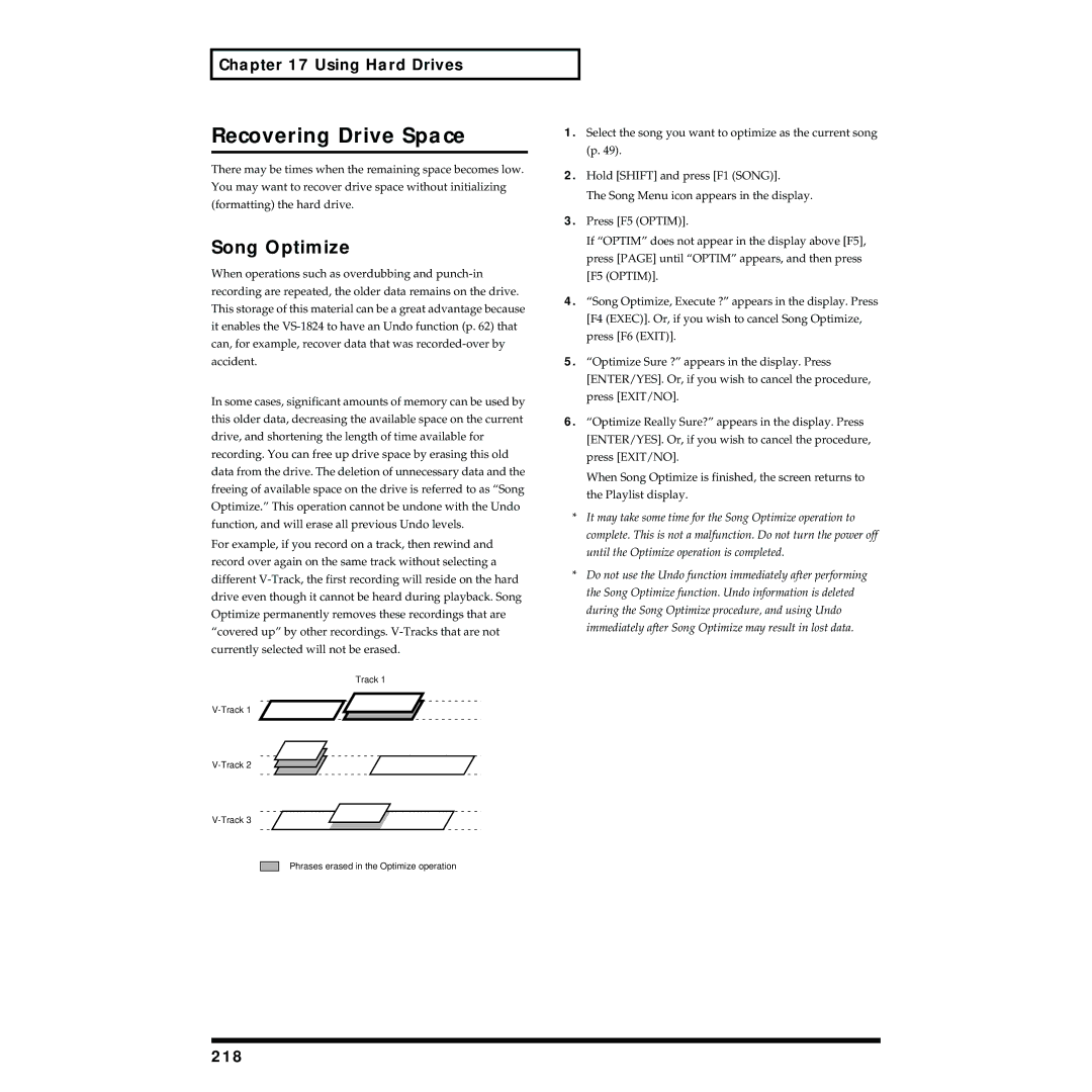 Roland VS-1824 owner manual Recovering Drive Space, Song Optimize, 218 