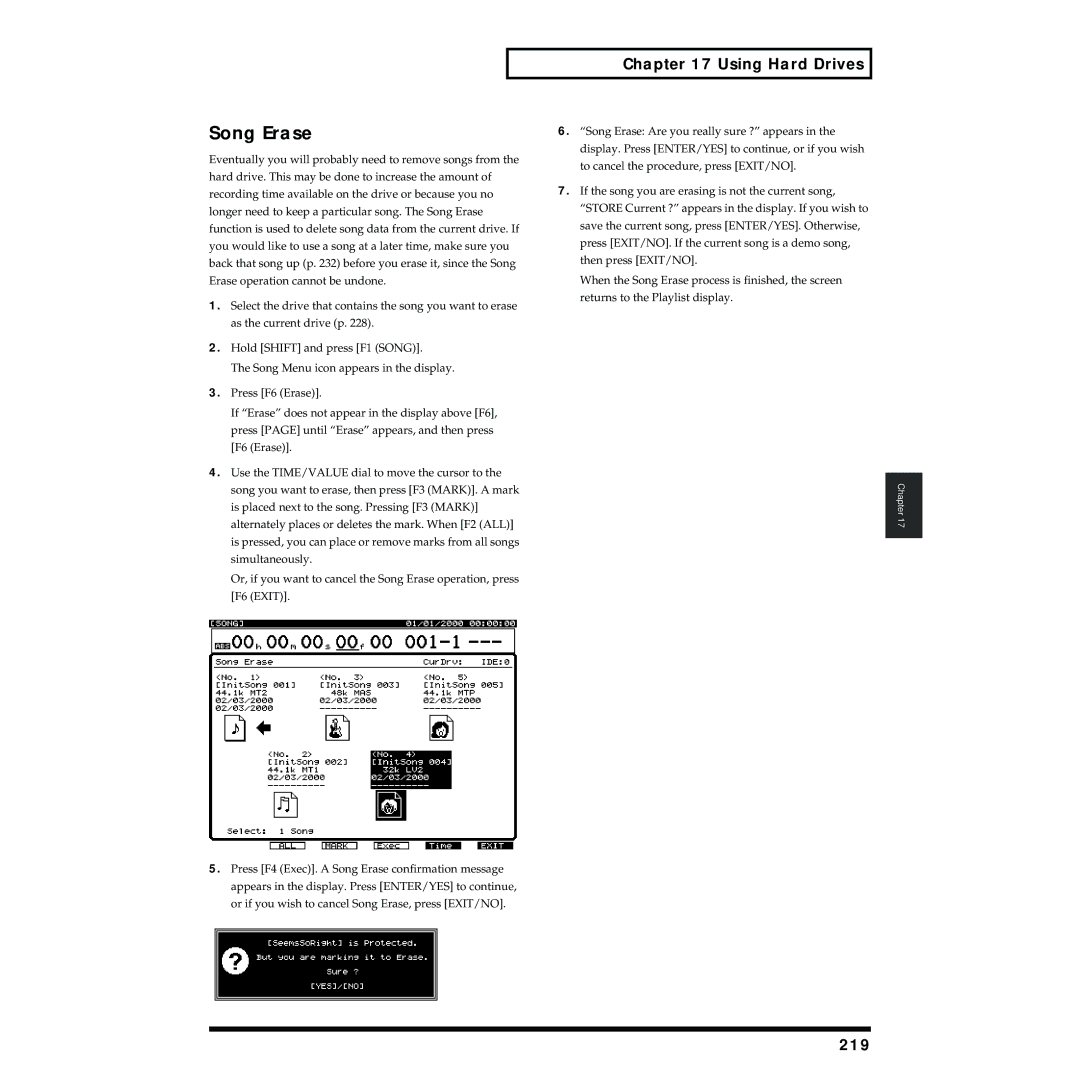 Roland VS-1824 owner manual Song Erase, 219 