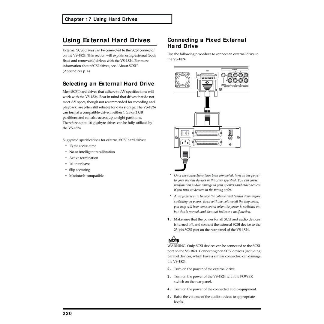 Roland VS-1824 Using External Hard Drives, Selecting an External Hard Drive, Connecting a Fixed External Hard Drive, 220 