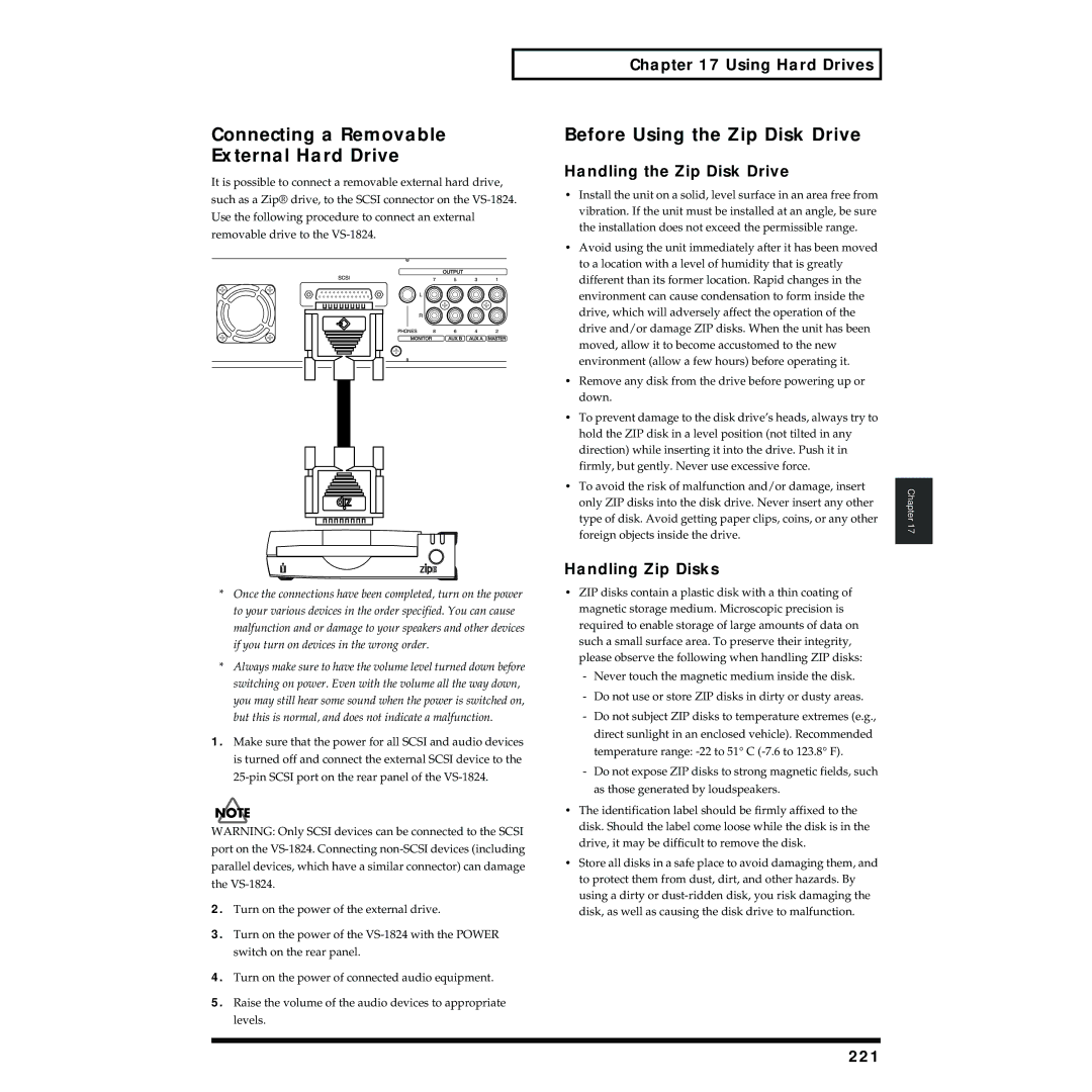 Roland VS-1824 Connecting a Removable External Hard Drive, Before Using the Zip Disk Drive, Handling the Zip Disk Drive 