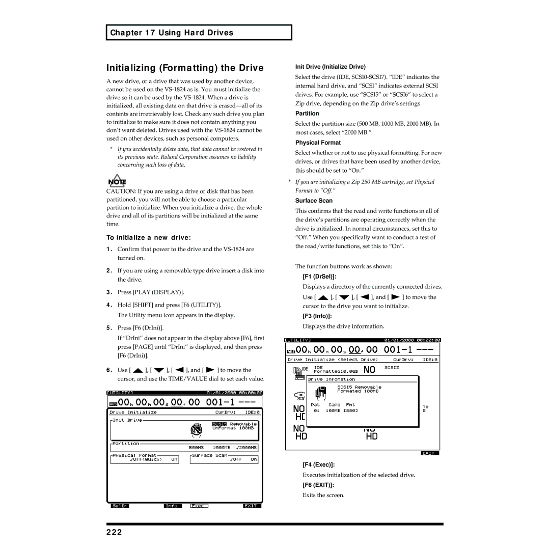 Roland VS-1824 owner manual Initializing Formatting the Drive, 222, To initialize a new drive 