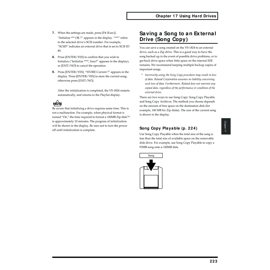 Roland VS-1824 owner manual Saving a Song to an External Drive Song Copy, Song Copy Playable p, 223 