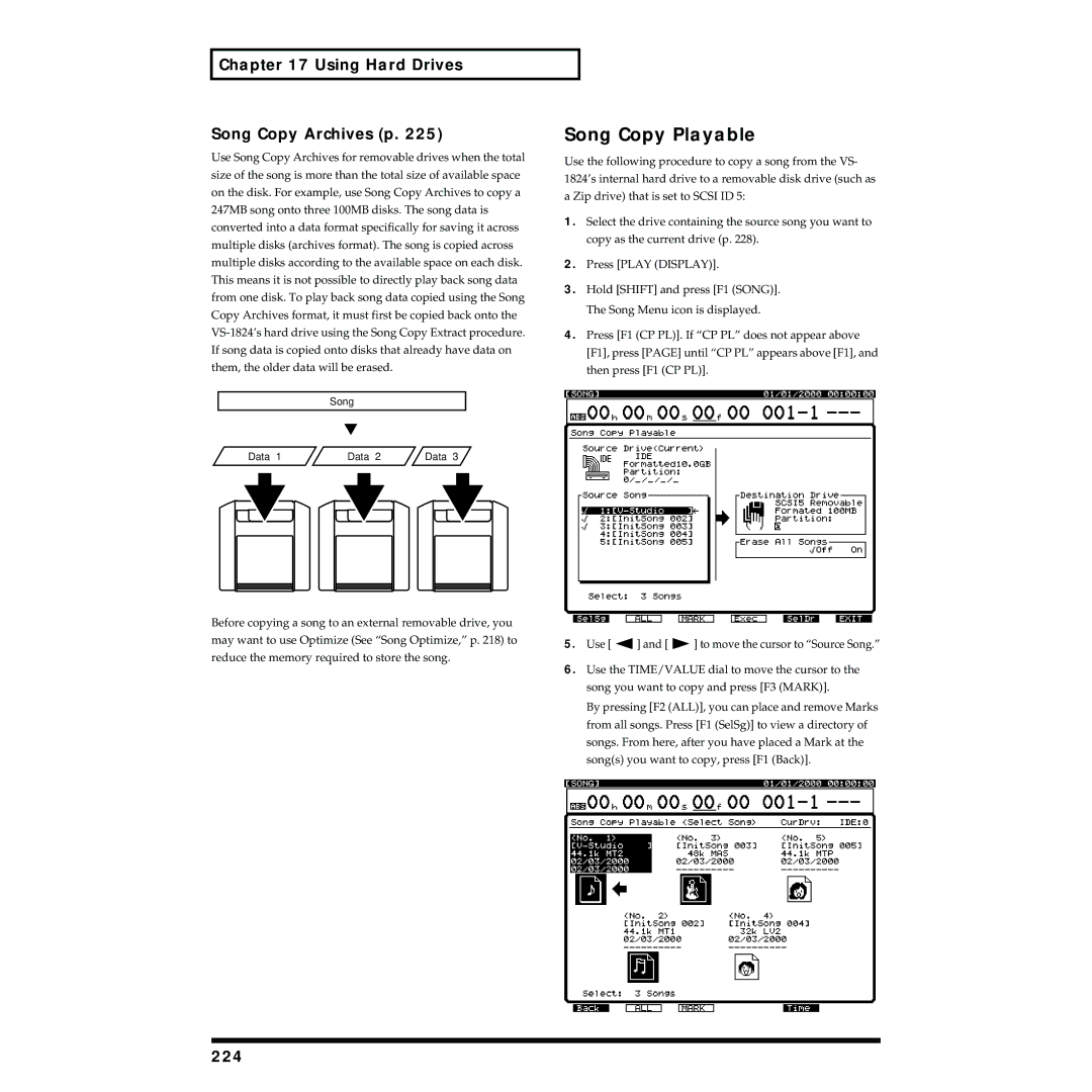 Roland VS-1824 owner manual Song Copy Playable, Using Hard Drives Song Copy Archives p, 224 