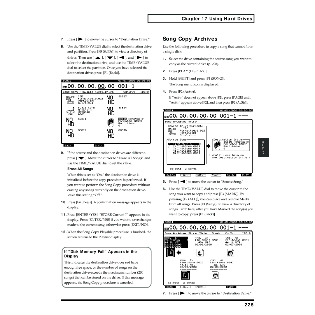 Roland VS-1824 owner manual Song Copy Archives, 225, If Disk Memory Full Appears in the Display, Erase All Songs 