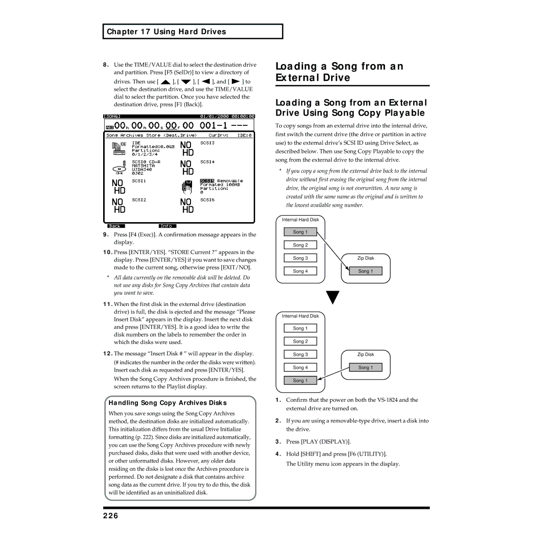 Roland VS-1824 owner manual Loading a Song from an External Drive, 226, Handling Song Copy Archives Disks 