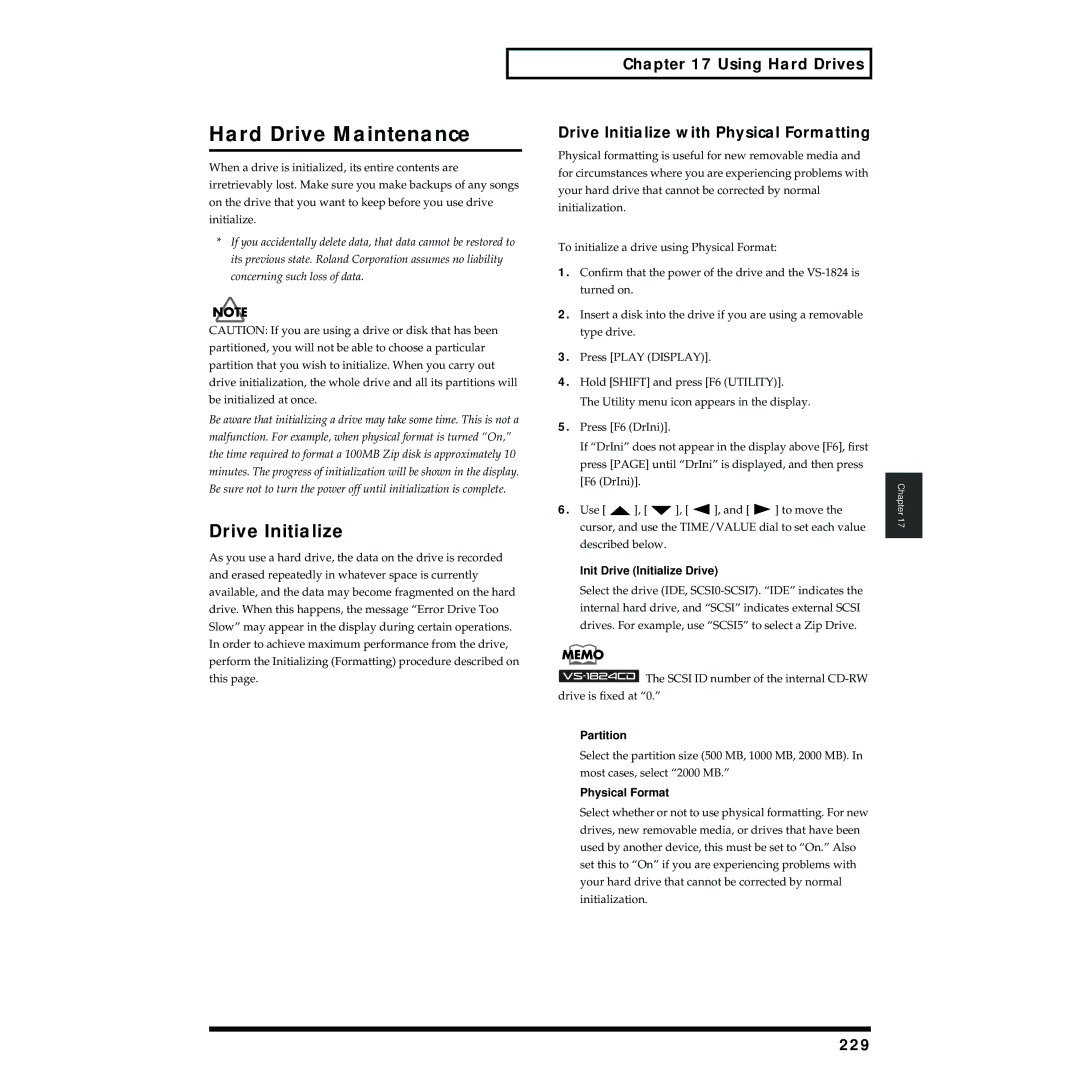 Roland VS-1824 owner manual Hard Drive Maintenance, Using Hard Drives Drive Initialize with Physical Formatting, 229 