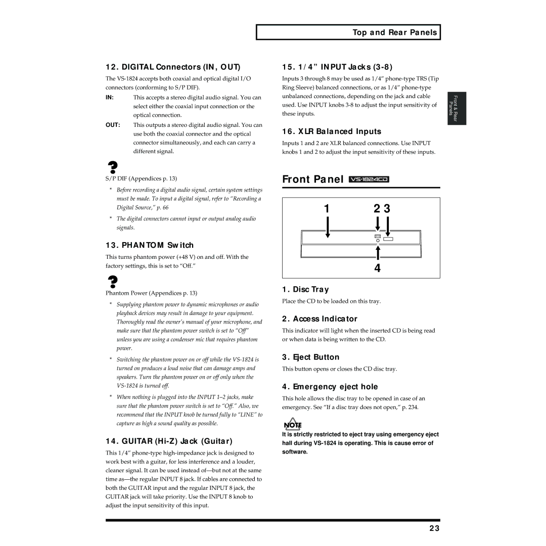 Roland VS-1824 owner manual Front Panel 