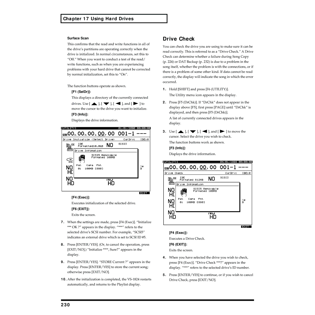 Roland VS-1824 owner manual Drive Check, 230, F1 SelDr 