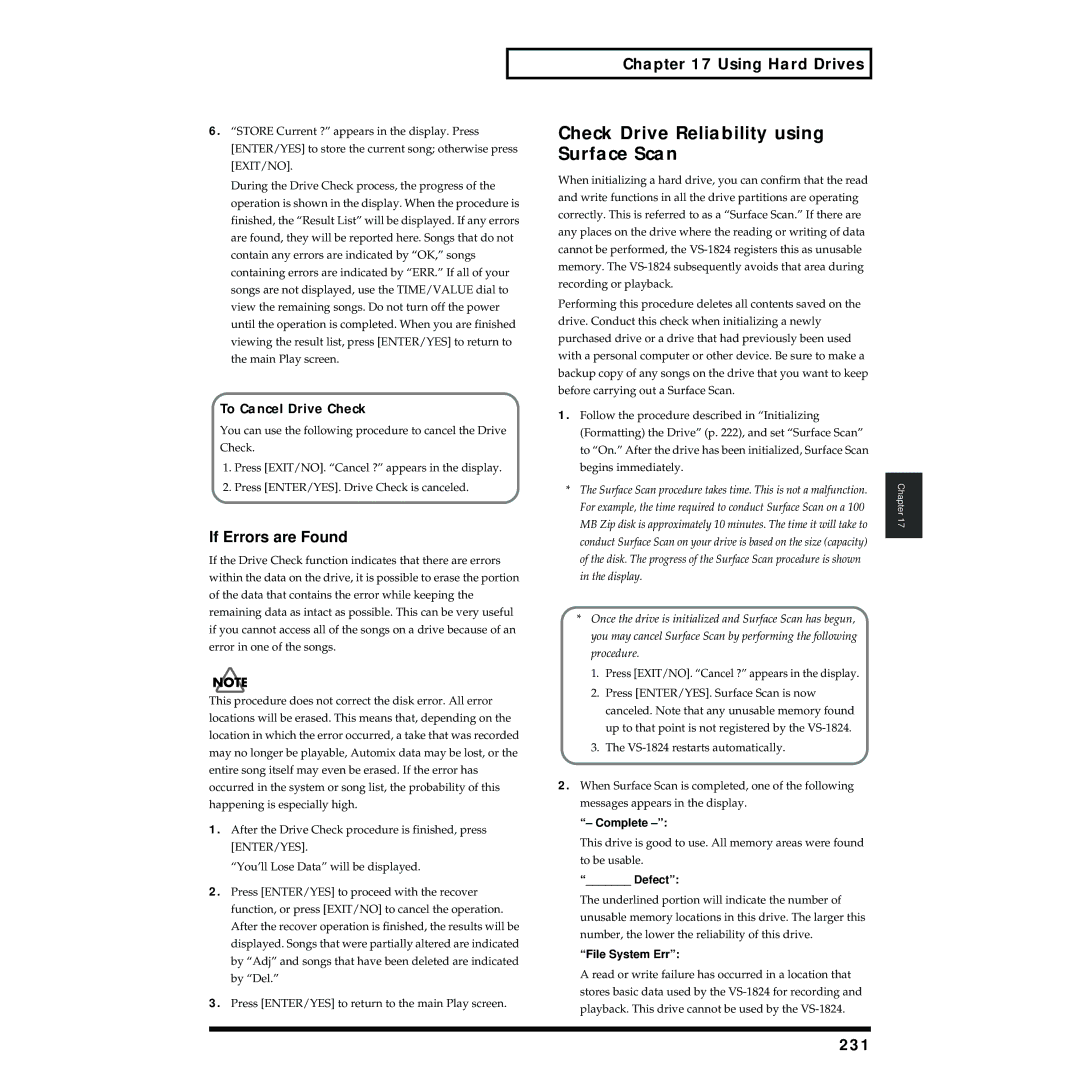 Roland VS-1824 owner manual Check Drive Reliability using Surface Scan, 231, To Cancel Drive Check 