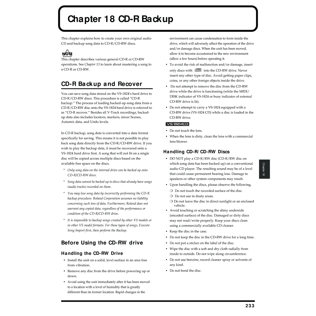 Roland VS-1824 owner manual CD-R Backup and Recover, 233 