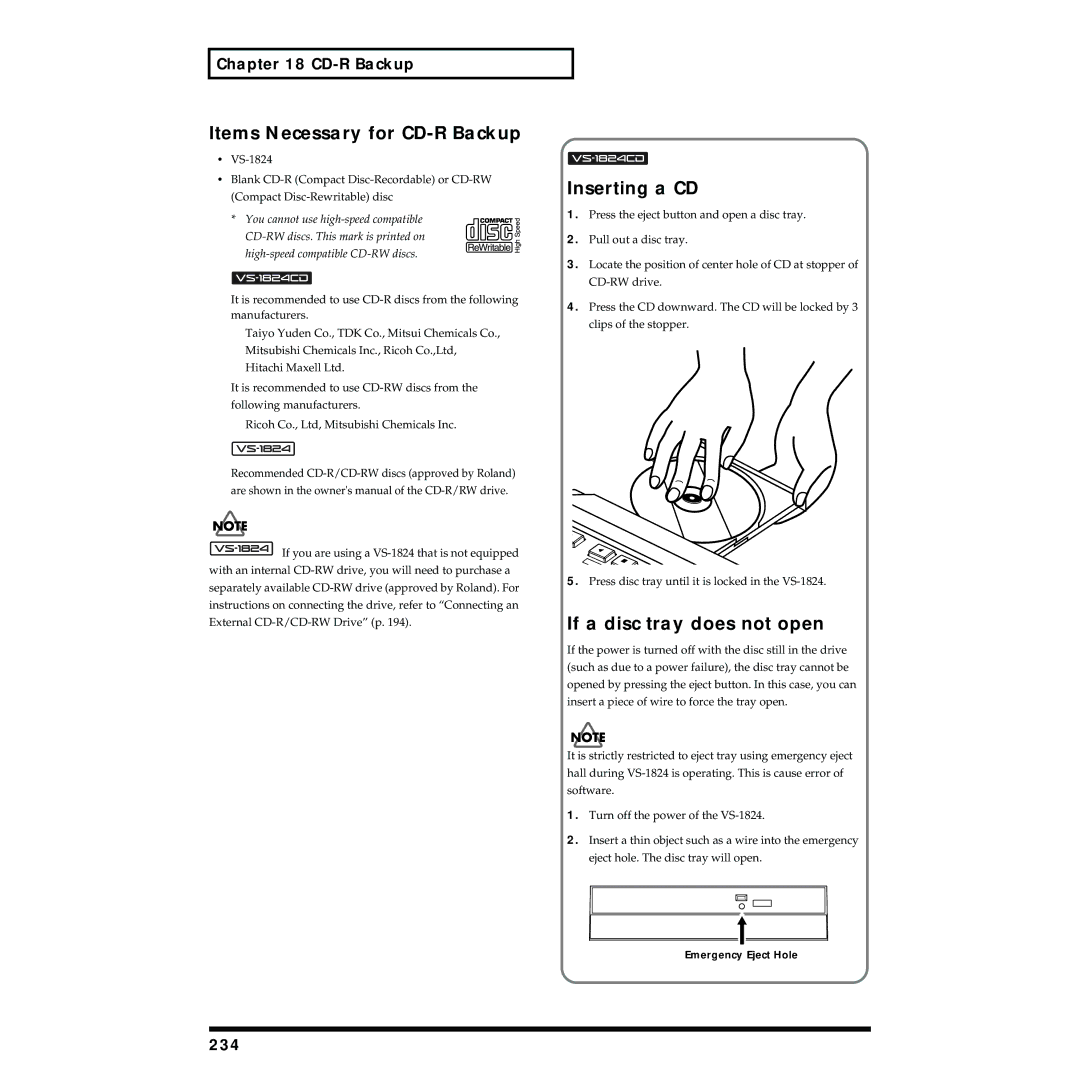 Roland VS-1824 owner manual Items Necessary for CD-R Backup, Inserting a CD, If a disc tray does not open, 234 