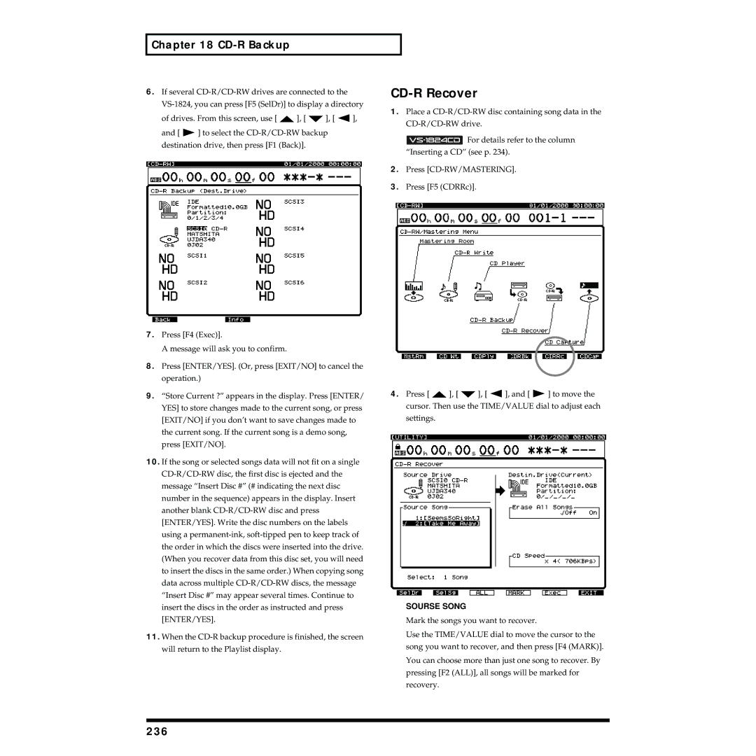 Roland VS-1824 owner manual CD-R Recover, 236 