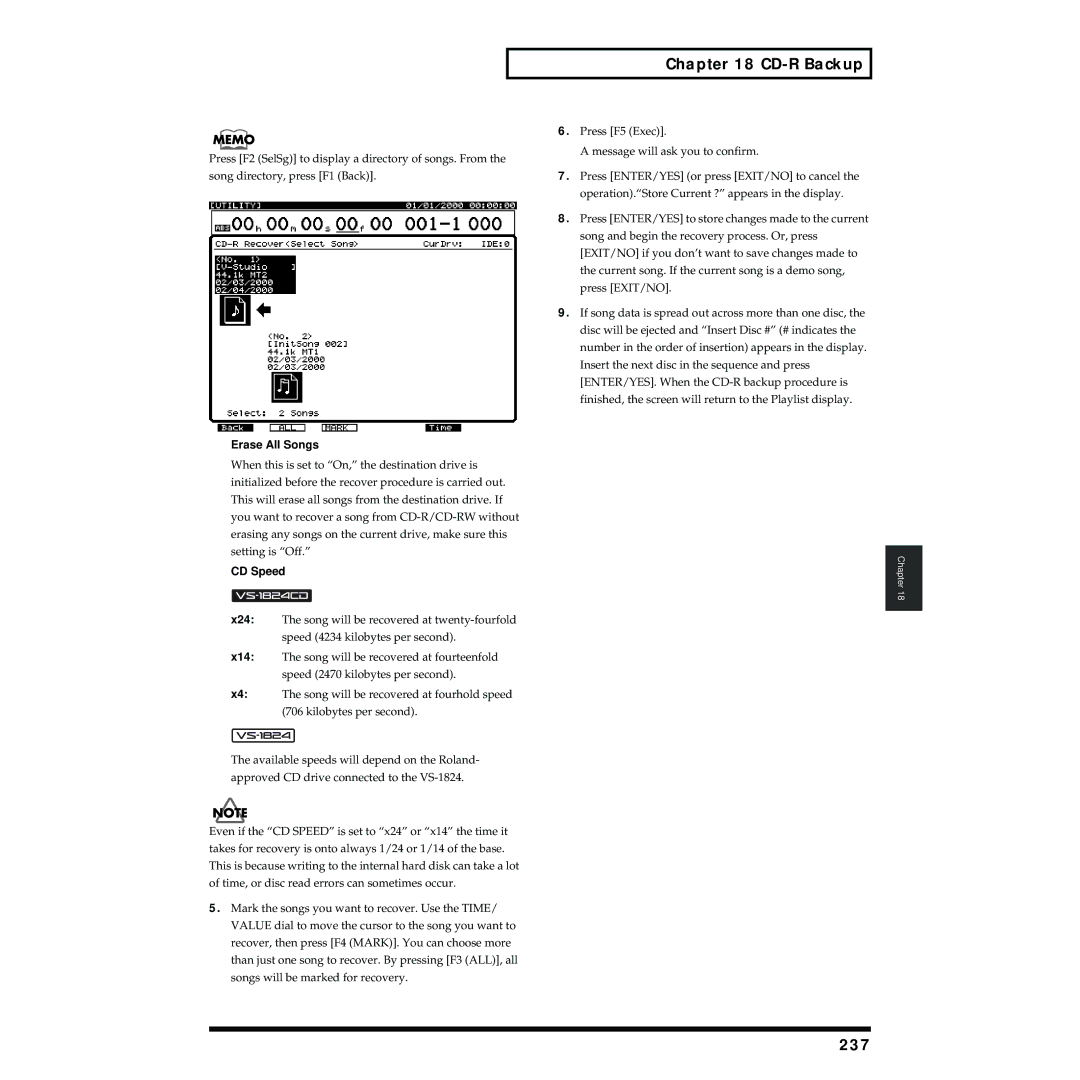 Roland VS-1824 owner manual 237, Erase All Songs 