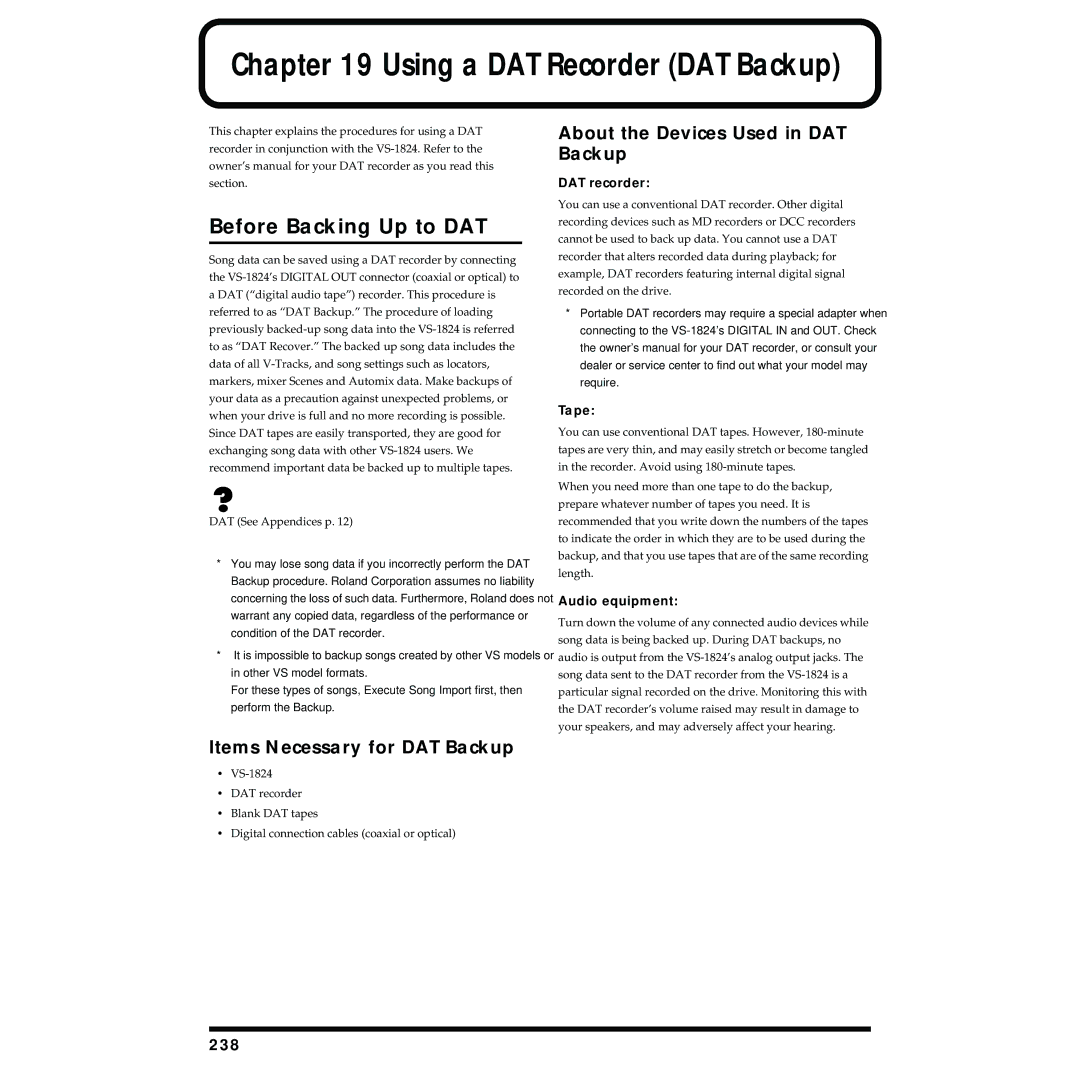 Roland VS-1824 Before Backing Up to DAT, About the Devices Used in DAT Backup, Items Necessary for DAT Backup, 238 
